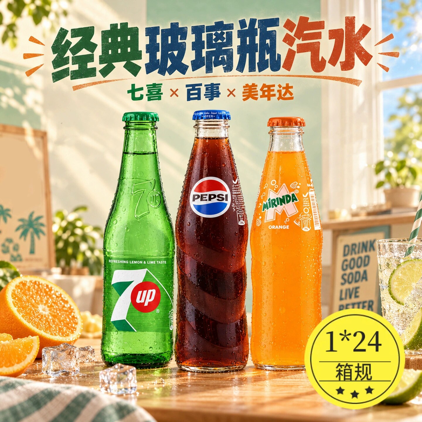 阿曼进口碳酸饮料百事可乐美年达柑橘橙子味汽水7喜玻璃瓶装250ml