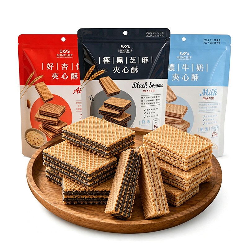 台湾特产MINCHIP明奇极黑芝麻夹心酥杏仁威化饼干108g 休闲零食品