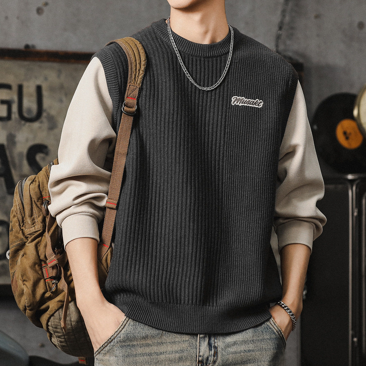 假两件毛衣男冬季新款慵懒风宽松上衣潮高级感美式复古圆领针织衫