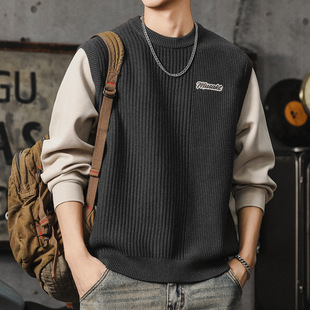 假两件毛衣男冬季新款慵懒风宽松上衣潮高级感美式复古圆领针织衫