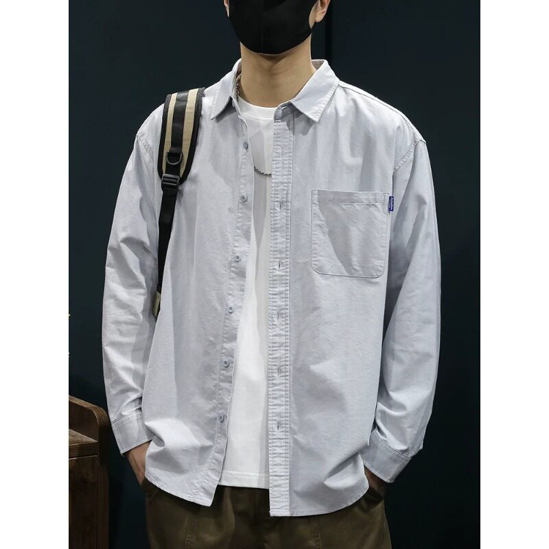 2026新款纯棉长袖衬衫男春秋季简约纯色百搭大码翻领外套休闲衬衣