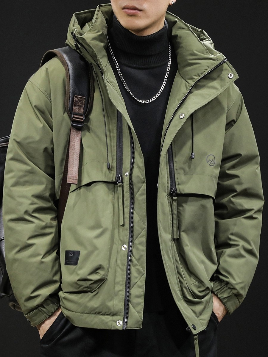 90鸭绒羽绒服男秋冬款连帽2025新款潮牌大码男士工装外套带保温贴