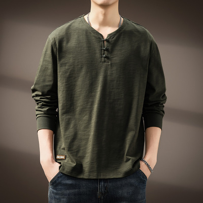 高端新中式亨利领长袖T恤男士