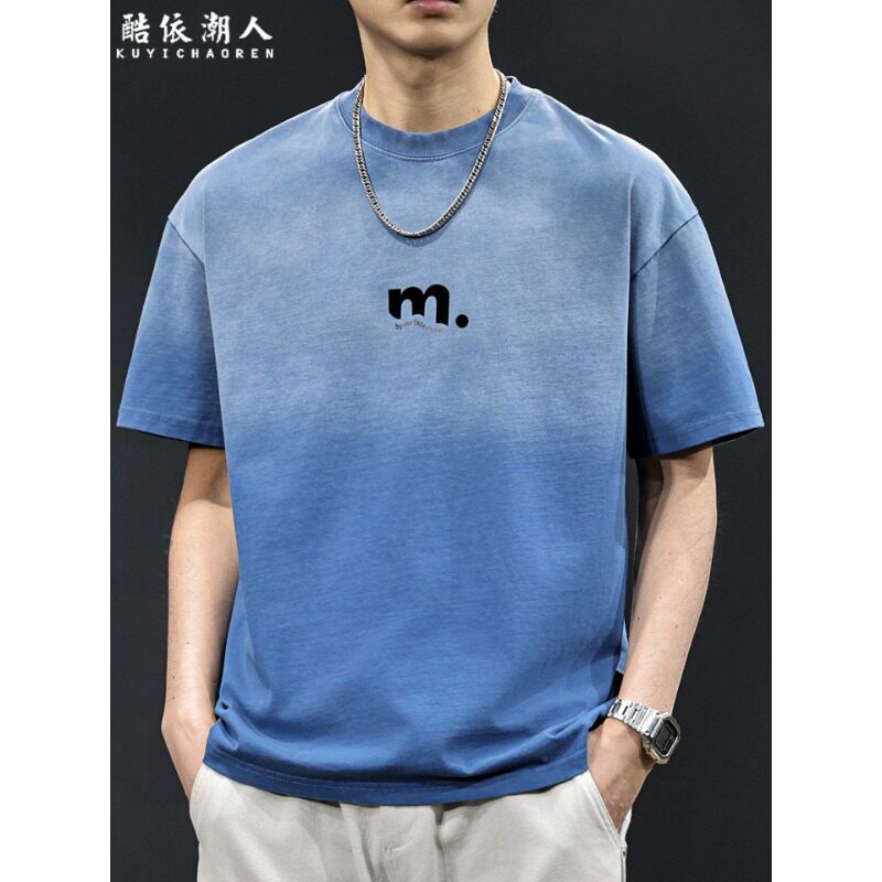 美式怀旧水洗渐变短袖T恤男2026新款圆领重磅纯棉宽松大码体恤潮