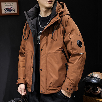 砖红羽绒服短款连帽美式外套