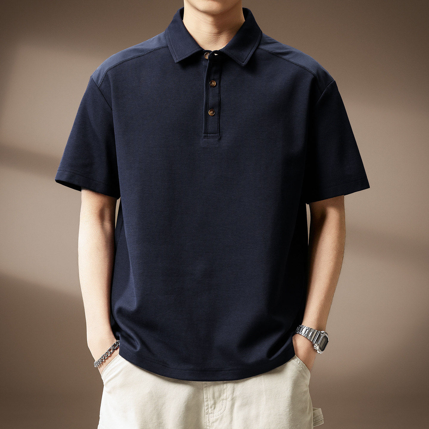 高端美式复古休闲短袖T恤男士2026春夏新款宽松简约Polo衫上衣男