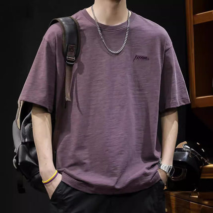 竹节纯棉短袖t恤男士夏季衣服2025新款半袖大码潮牌男装休闲体恤
