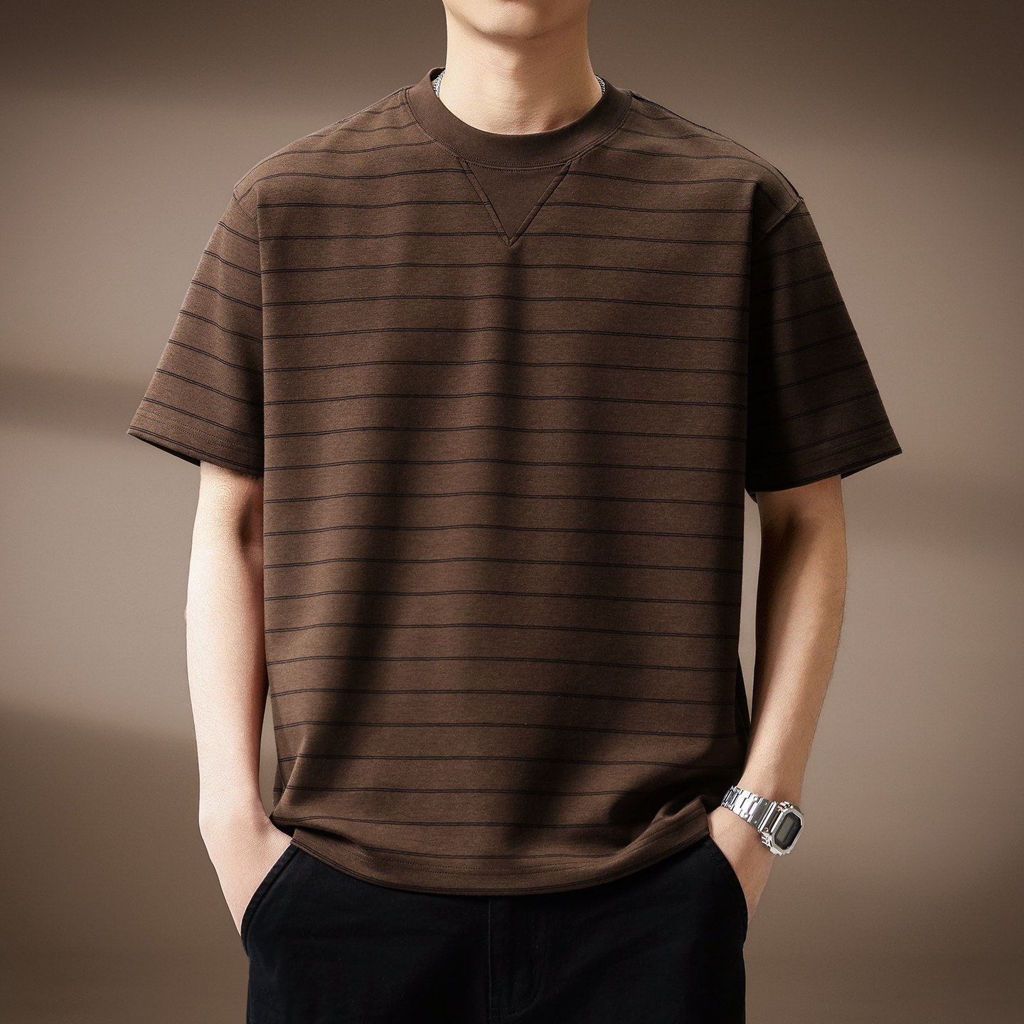 高端美式复古松弛感条纹短袖T恤男士2026春夏新款透气宽松上衣男