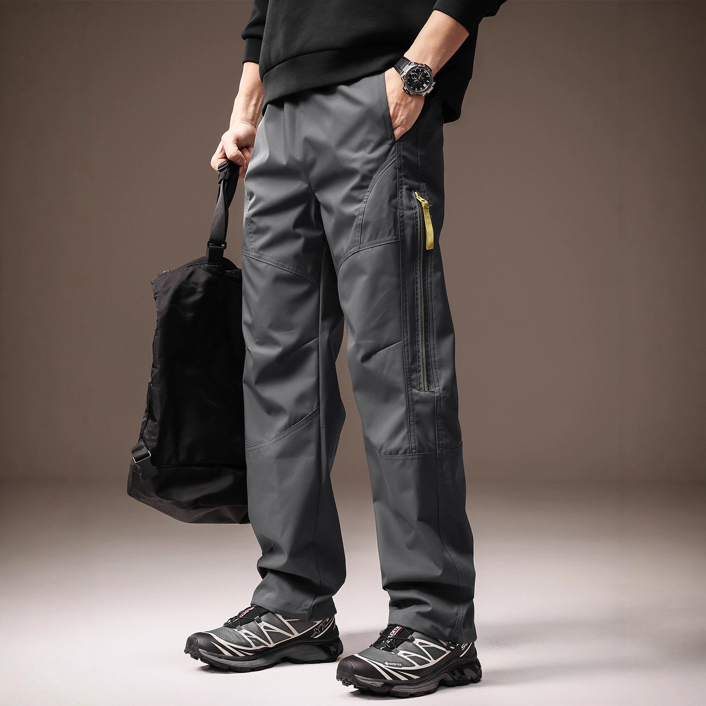 高端户外防风防泼水冲锋裤子男士秋冬加绒登山美式伞兵机能工装裤