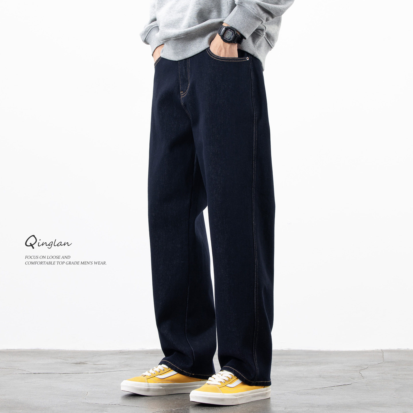 轻澜美式原色牛仔裤男直筒宽松大码弹力裤子加绒加厚2026新款冬季