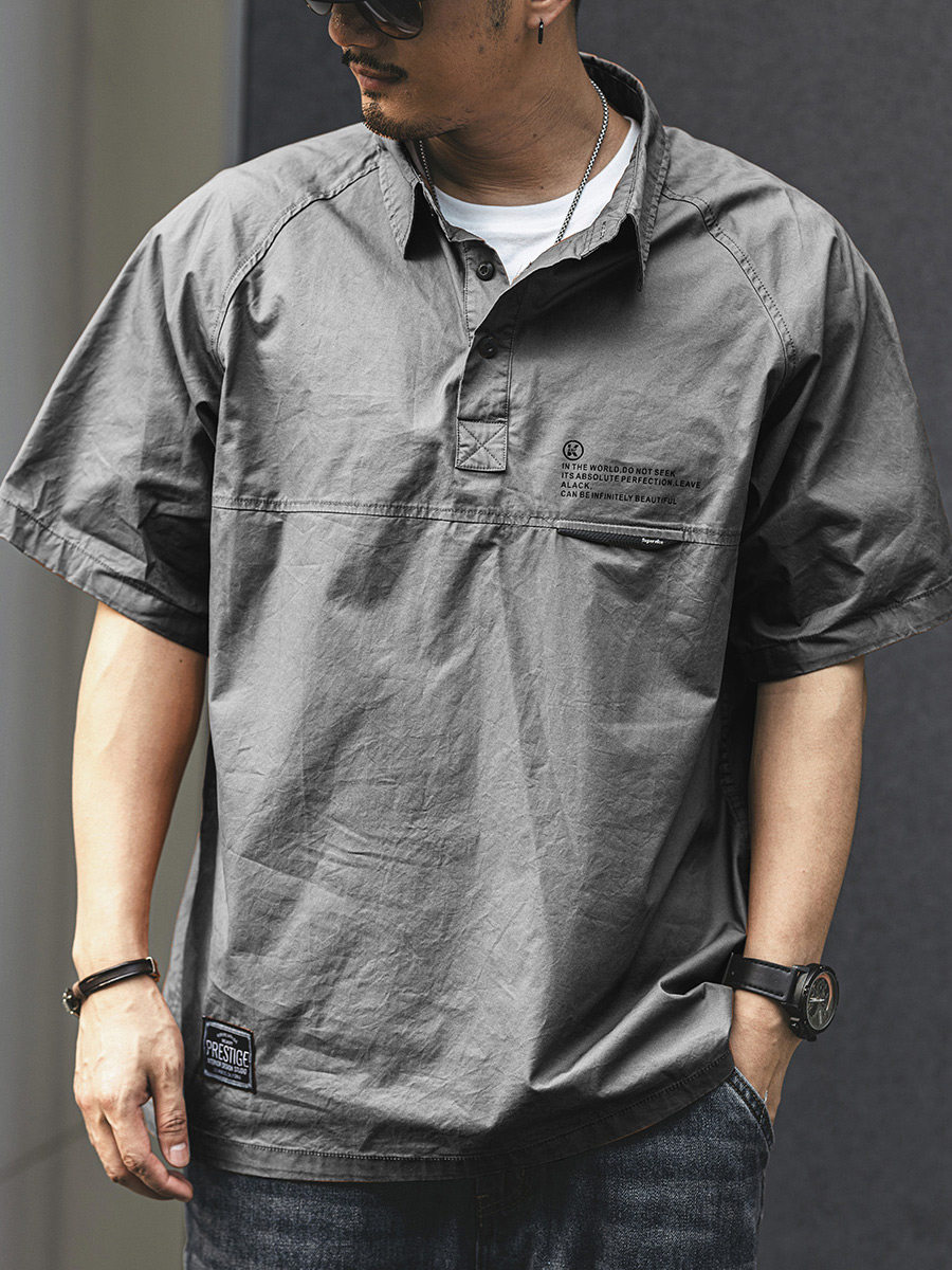 高端夏季纯棉工装衬衫男Polo衫宽松衬衣男士美式休闲复古短袖t恤