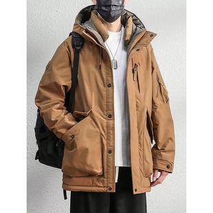 重磅罕见大地色潮牌工装羽绒服男加绒加厚保暖连帽外套冬季冲锋衣