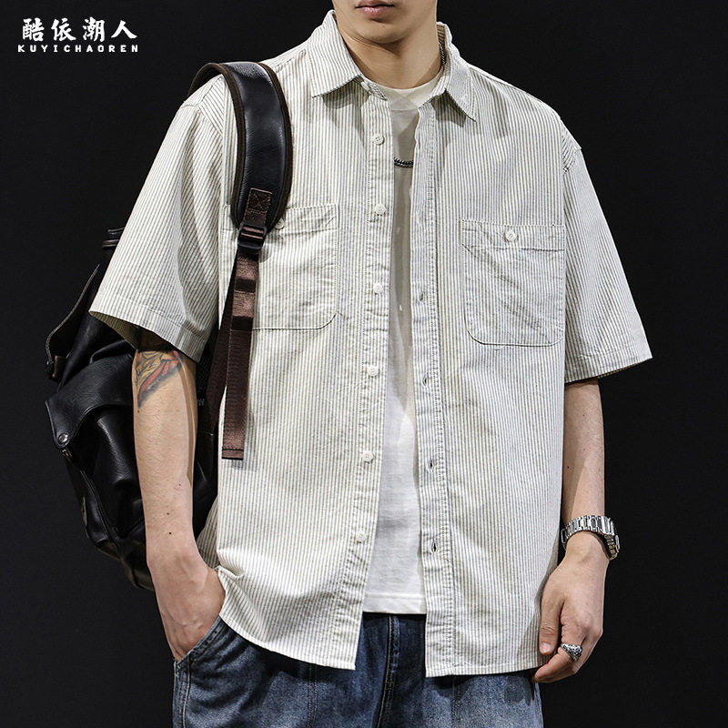 条纹美式衬衫男短袖夏季2026新款休闲衣服潮流百搭高级感大码外穿