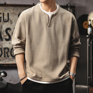 假两件长袖t恤男高级感潮牌v领上衣美式复古华夫格亨利衫打底卫衣