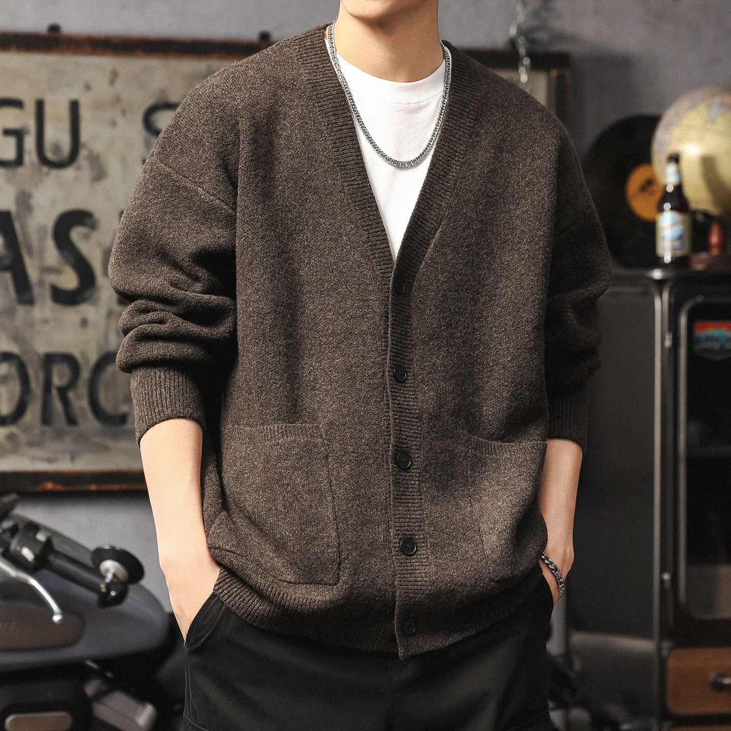 高级感慵懒针织开衫外套男士潮牌复古宽松v领毛衣痞帅休闲上衣服