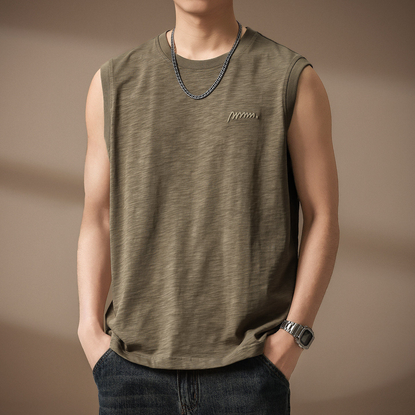 高端美式重磅竹节纱背心T恤男夏季新款宽松健身运动无袖圆领体恤