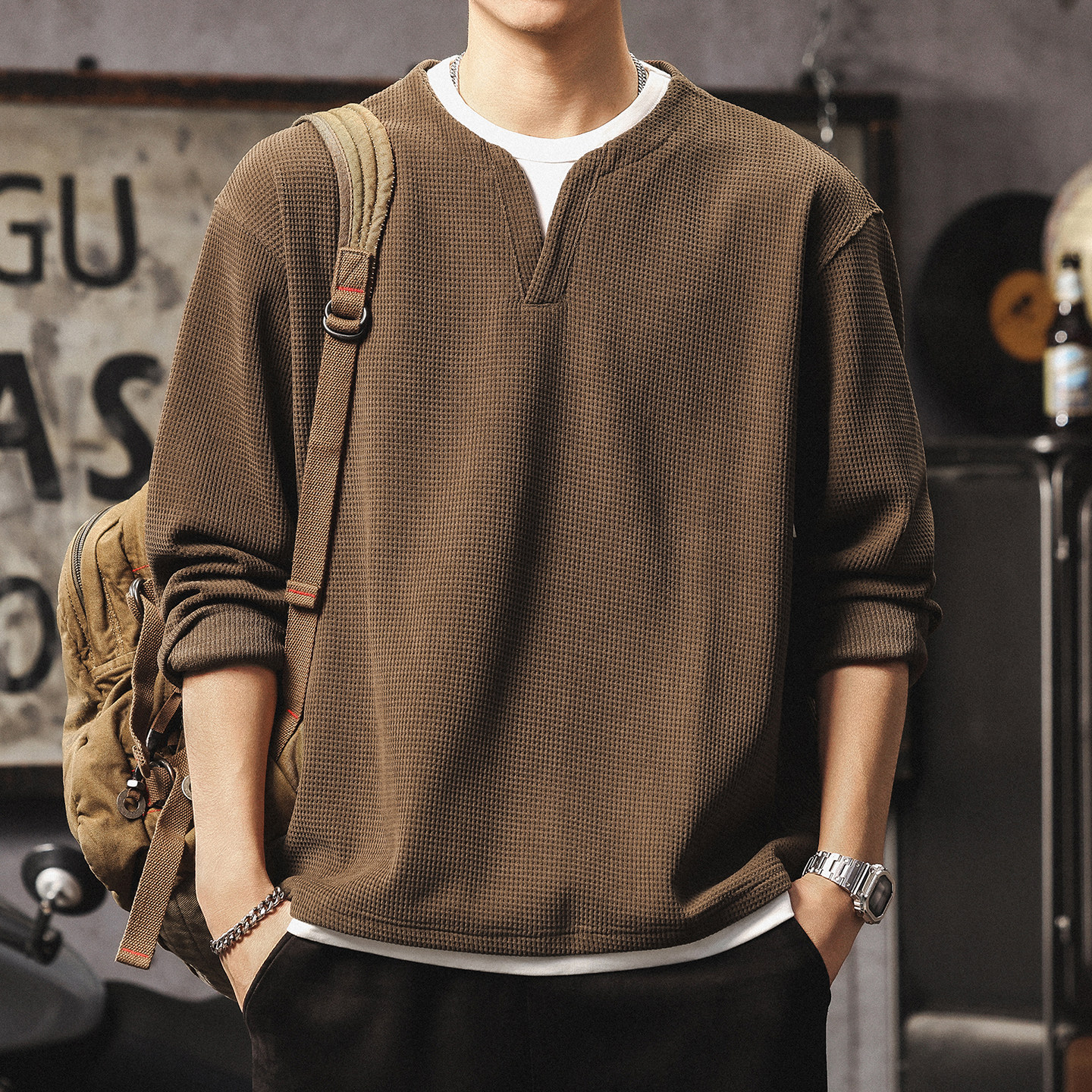 肌理感重磅假两件长袖t恤男士复古华夫格亨利领卫衣男内搭上衣服