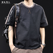 高端拼色体恤美式 重磅短袖 水洗 潮大码 衣服半袖 t恤男2025新款 夏季