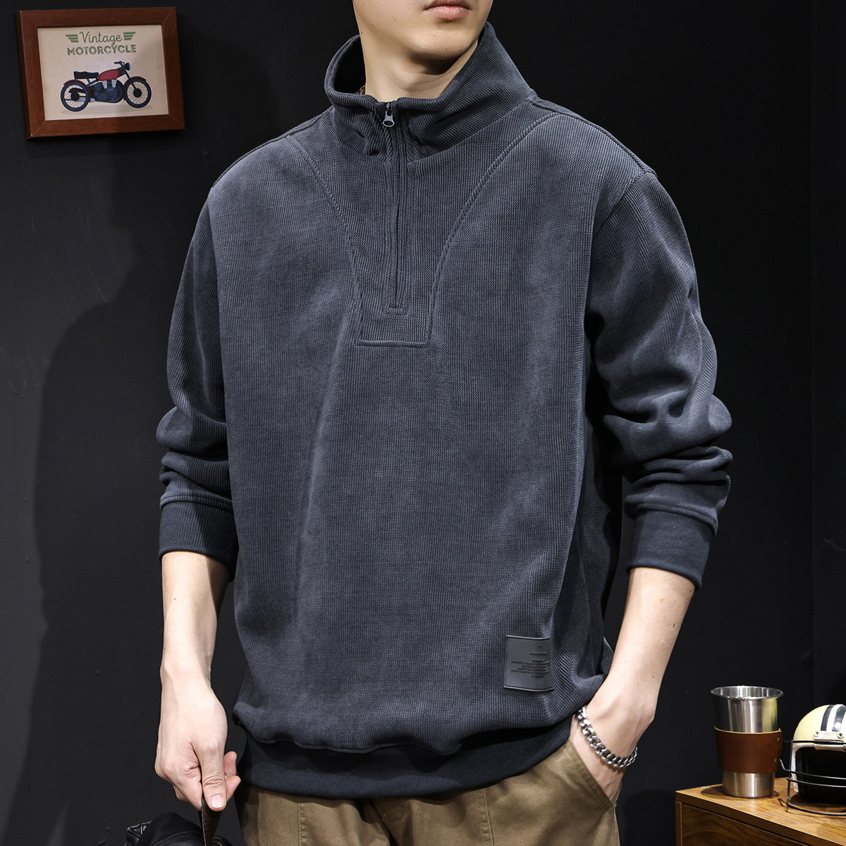 半高领拉链卫衣男春秋男款百搭衣服秋季2025新款重磅潮加肥加大码