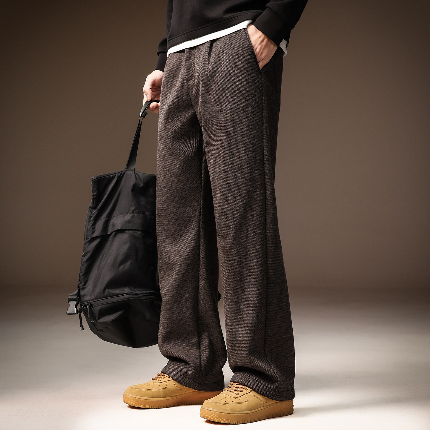 高端慵懒松弛感含羊毛休闲裤男士秋冬加绒宽松直筒垂感老钱风西裤