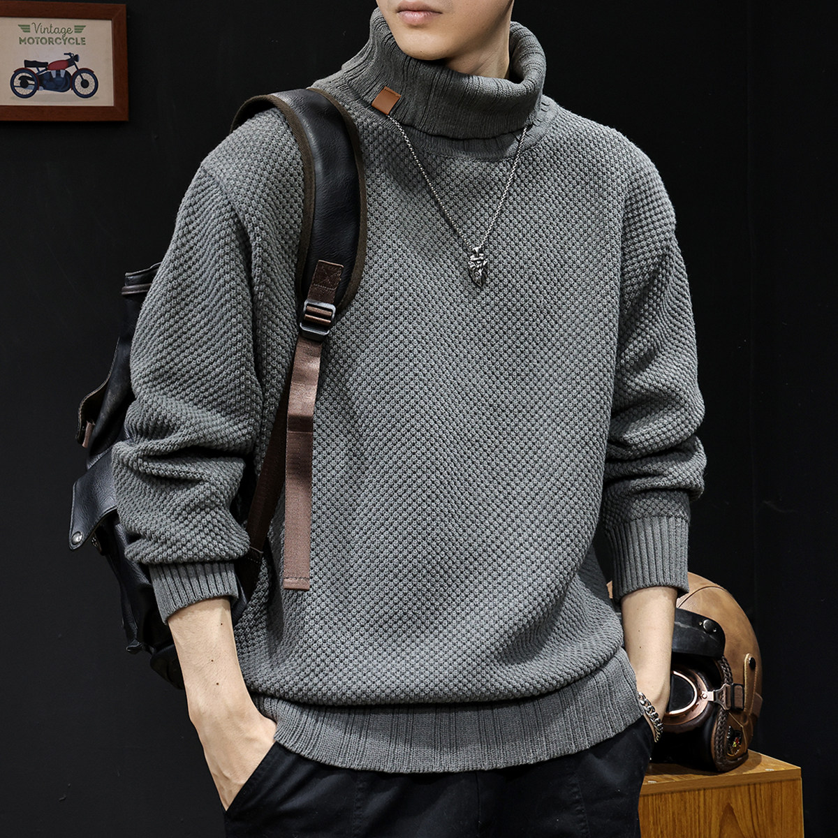 高领毛衣男冬季2025新款慵懒重磅针织潮牌宽松大码男士外套秋冬款