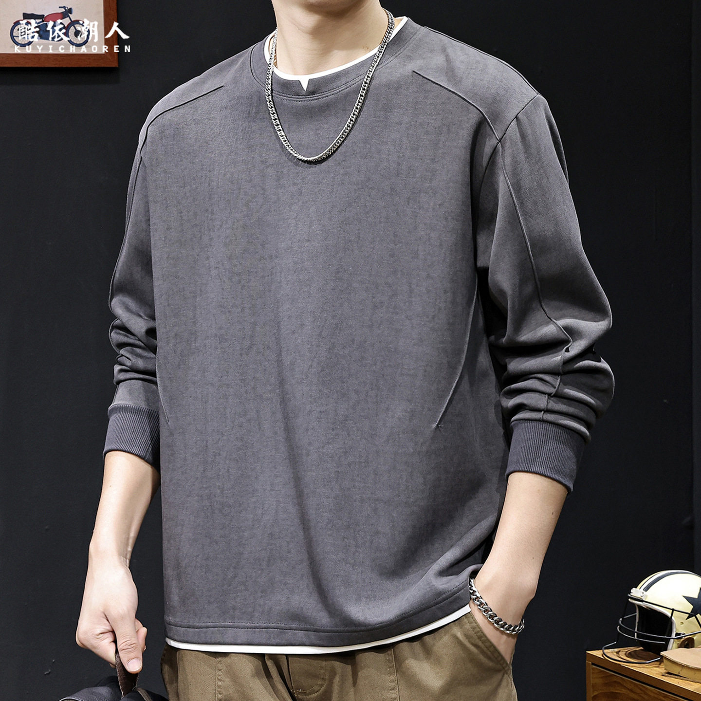 美式简约假两件印花卫衣男秋季2025新款休闲长袖秋冬潮牌大码重磅