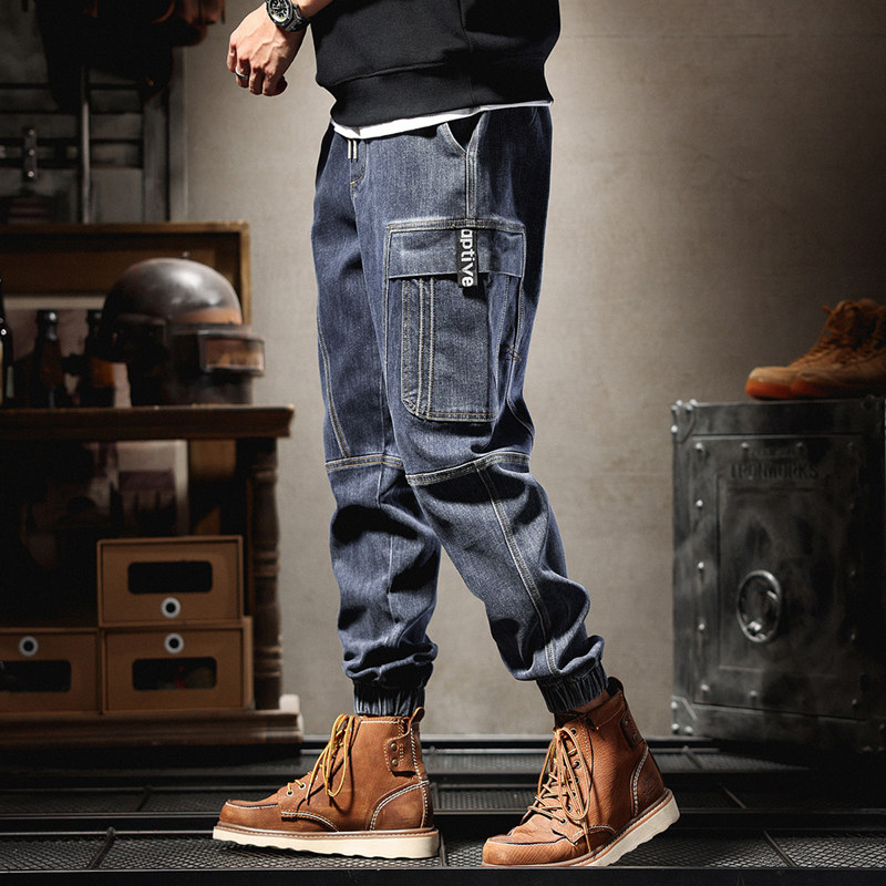 秋冬款加绒牛仔裤男宽松直筒重磅束脚潮牌休闲工装长裤子男士大码