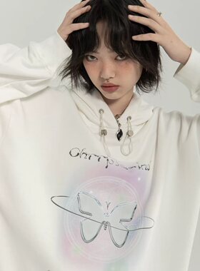 Chrrota(CRRA)梦幻蝴蝶印花连帽卫衣男女潮流宽松甜酷帽衫情侣装