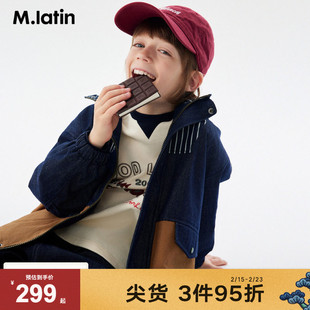 马拉丁儿童短外套2024秋装新款男大童条纹牛仔拼接洋气连帽风衣