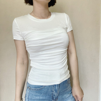 missjijielover双层打褶天丝含19%羊毛百搭正肩短袖T恤女修身上衣