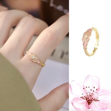 S925银镀金珐琅彩镶钻桃花戒指女