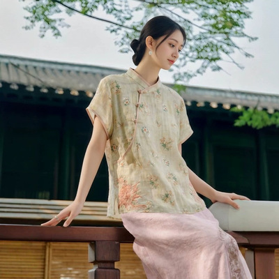 3508新中式苎麻刺绣盘扣上衣女春秋季改良茶服文艺复古短袖衬衫