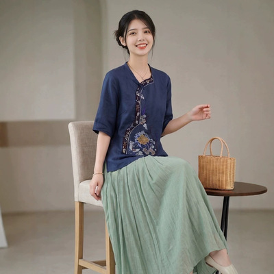 3533新中式苎麻刺绣盘扣上衣女春秋季改良茶服文艺复古长袖衬衫