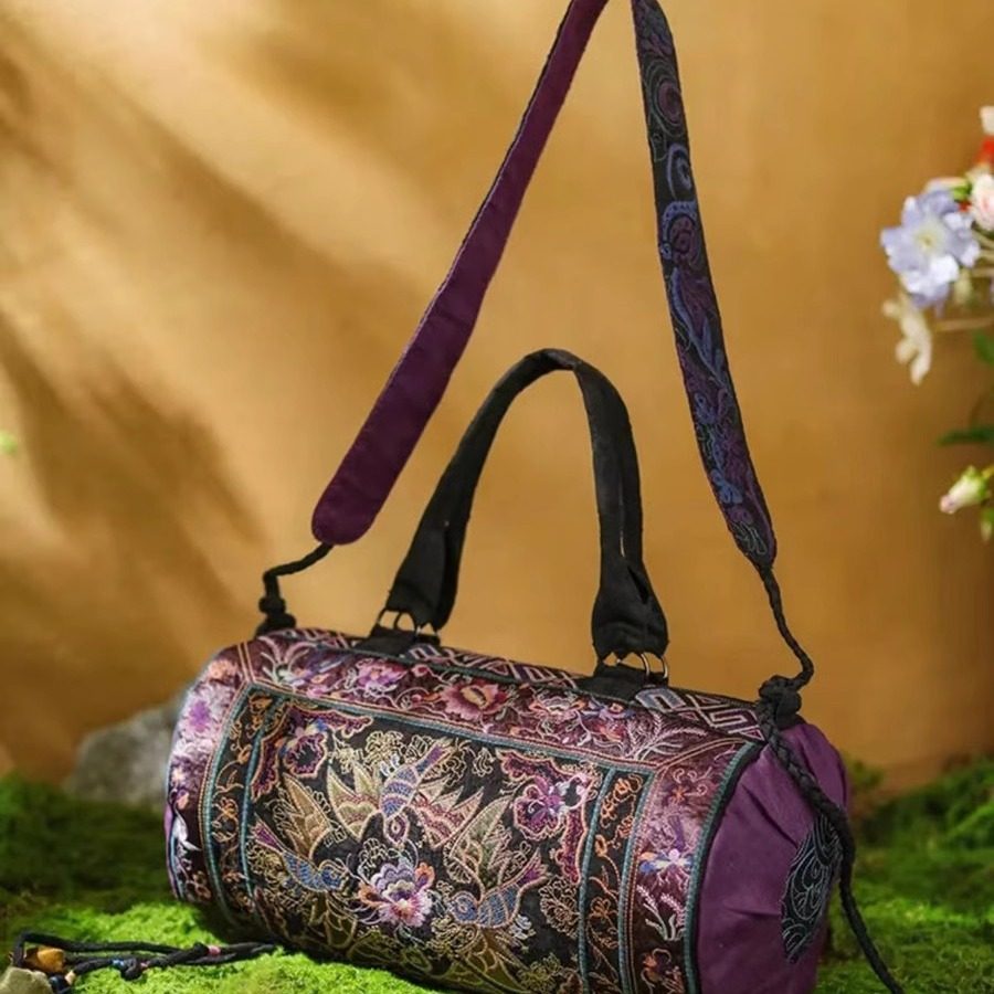 楚新原创国风刺绣民族风人丝亚麻斜挎单肩手提包百搭老苗风腰鼓包