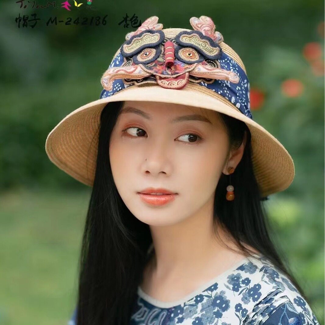 楚馨民族风草编绣花软边帽盆帽刺绣宽边遮阳帽仿古老绣花盆帽草帽