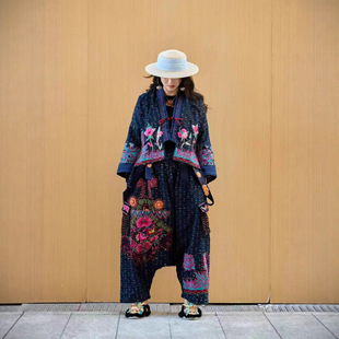 云南风格原创绣花牛仔服春秋季新款民族风外套女夹克上衣背带裤