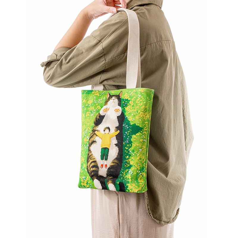 帆布包手提袋文创原创猫咪全棉治愈系单肩斜挎包多口袋书包手提女