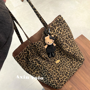 双面可背 小众慵懒豹纹单肩细肩带双面休闲通勤帆布包 秋冬新款