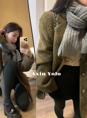 阿馨yolo 张元英灰色围巾女秋冬韩版羊毛百搭针织纯色保暖围脖冬