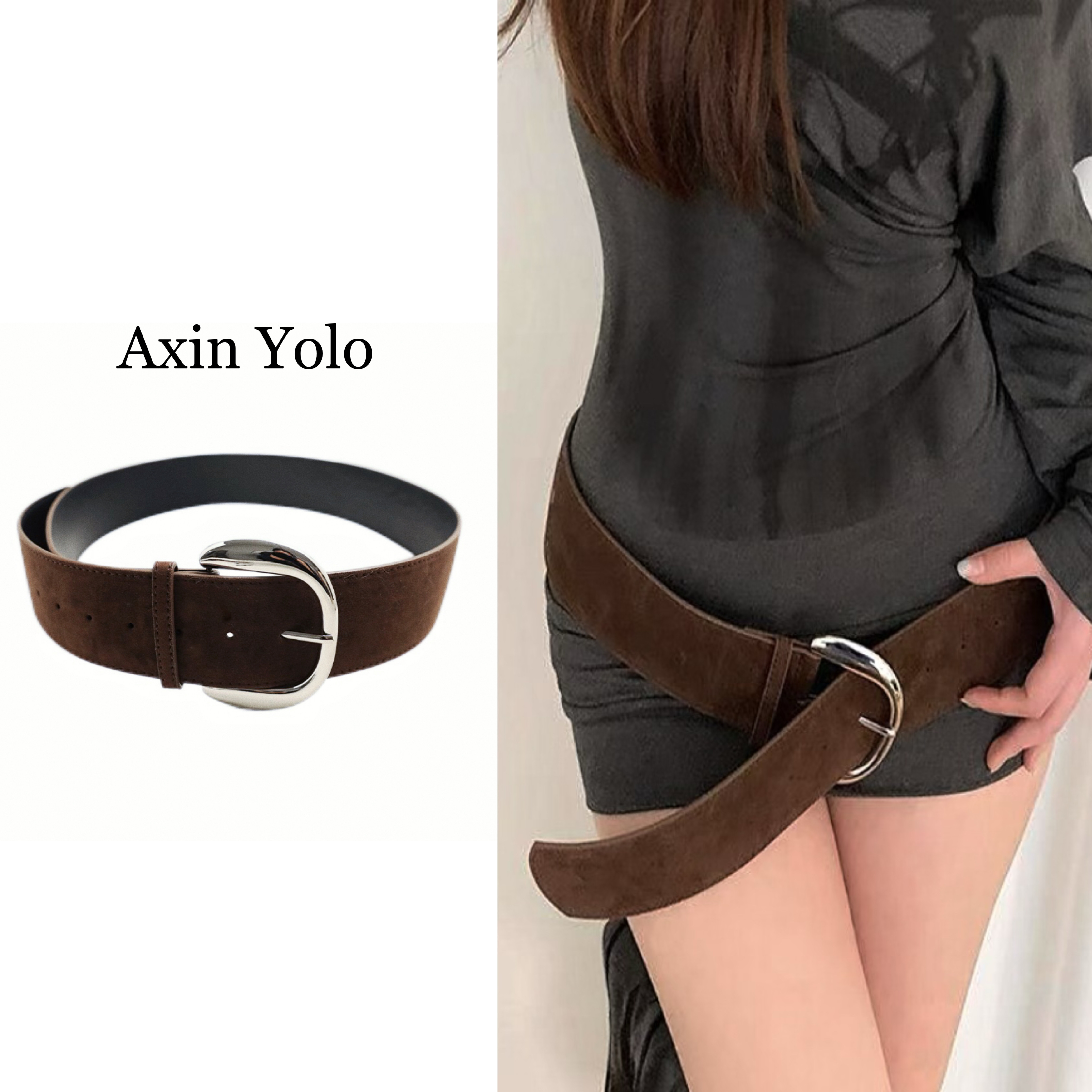 咖啡色麂皮金属扣显瘦腰带