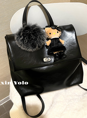 阿馨yolo 头层牛皮！高级感大容量黑色可手提翻盖通勤双肩包旅行