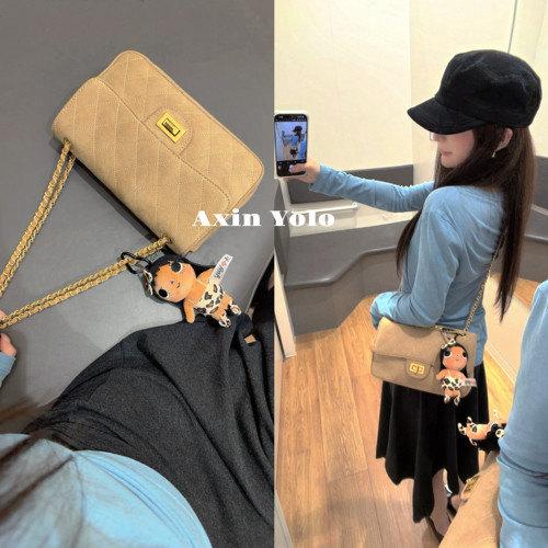 复古金扣翻盖磨砂麂皮菱格链条包