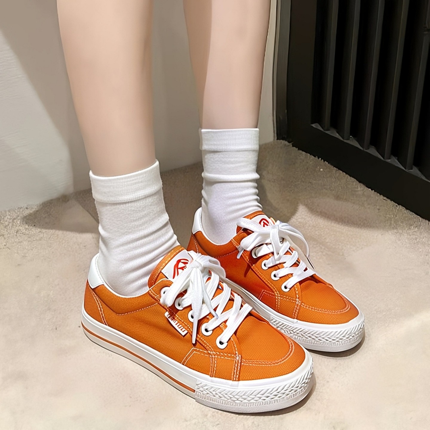人本潮鞋vintage橙色帆布鞋女低帮学生休闲运动板鞋百搭平底球鞋