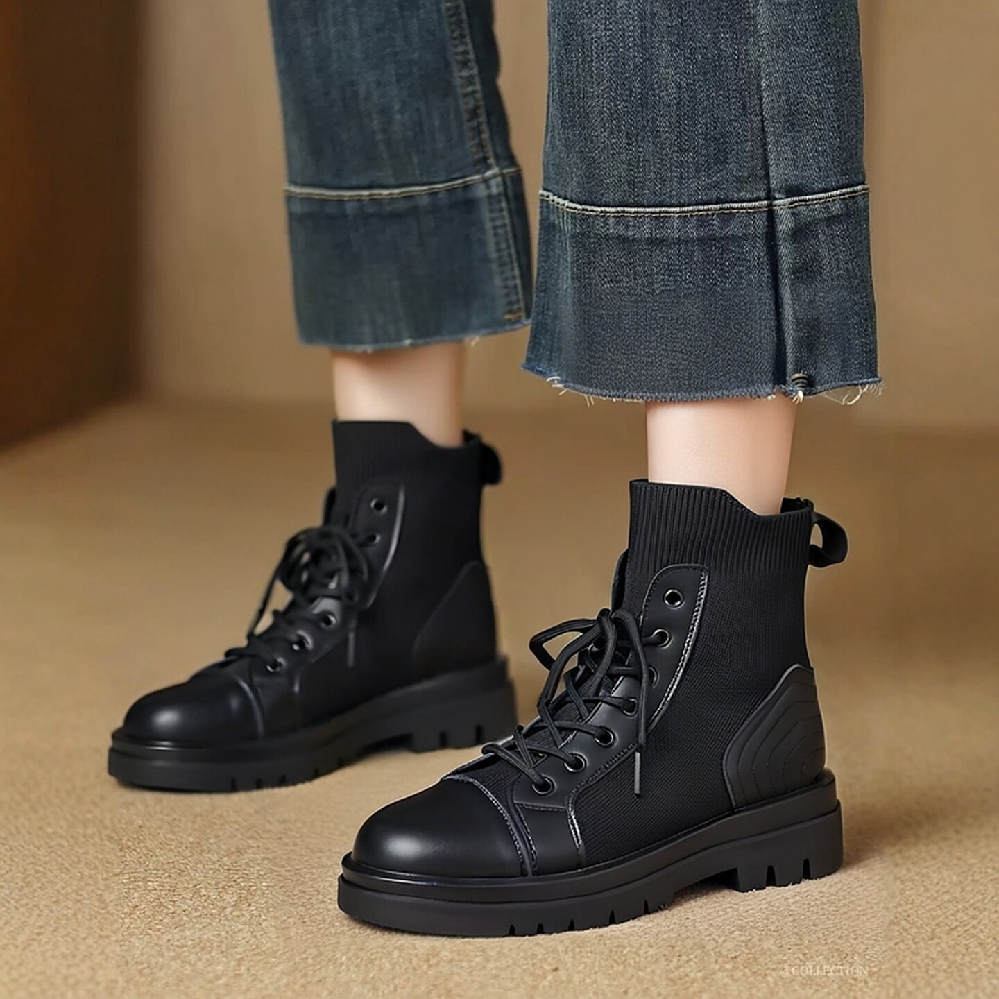 尾货清仓撤柜女鞋马丁靴女真皮新款厚底粗跟英伦飞织机车黑色短靴