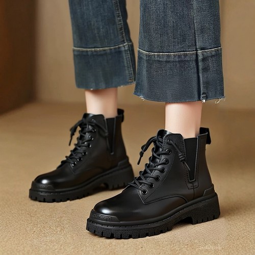 真皮英伦风马丁靴女粗跟冬季2025年新款厚底短靴百搭黑色机车靴子