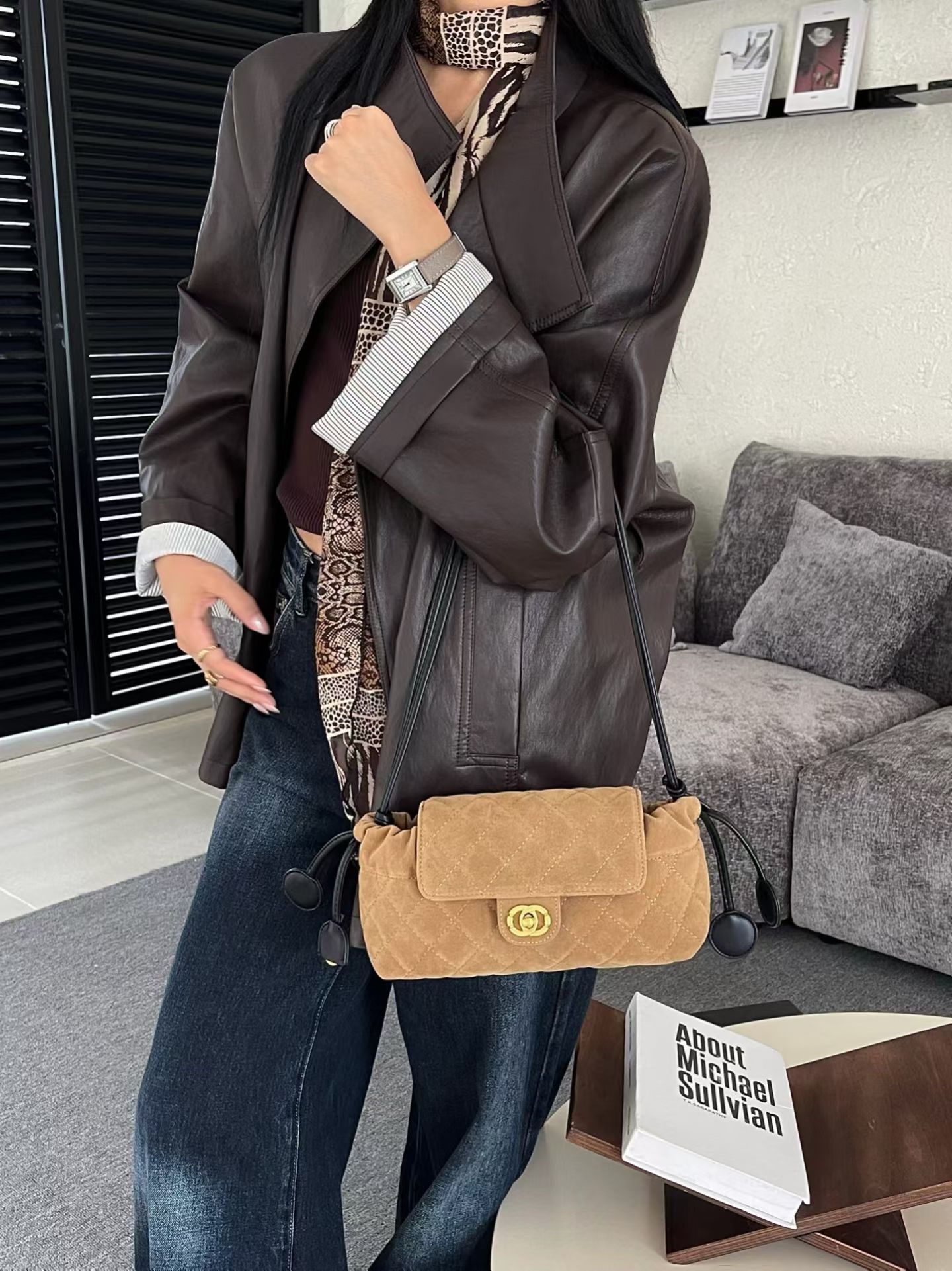 小香风复古麂皮绒菱格包翻盖福袋包秋冬新款女包单肩斜挎包腋下包