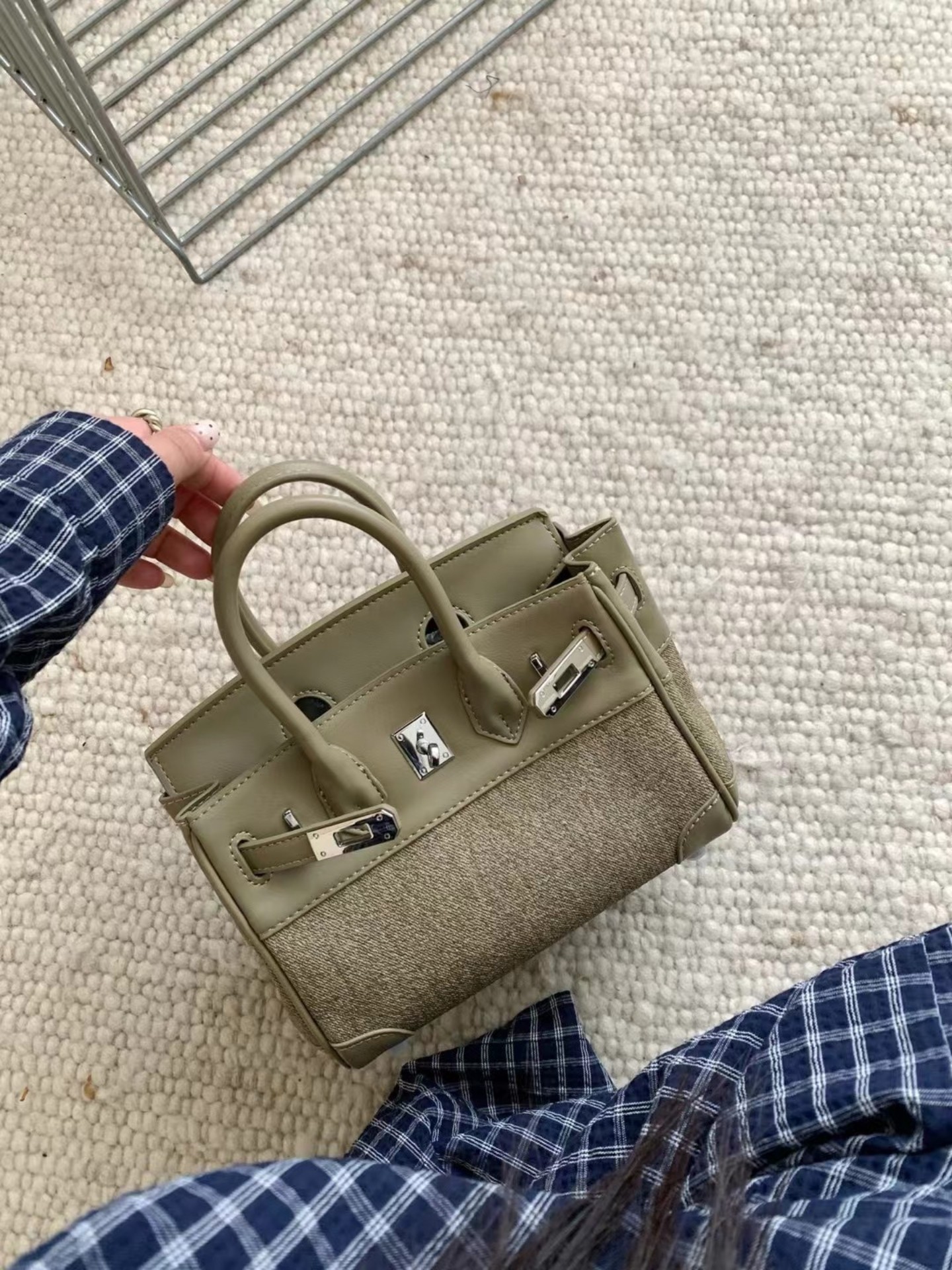 小众设计拼接撞色帆布铂金包小马mini手提包包女单肩斜挎凯莉包潮