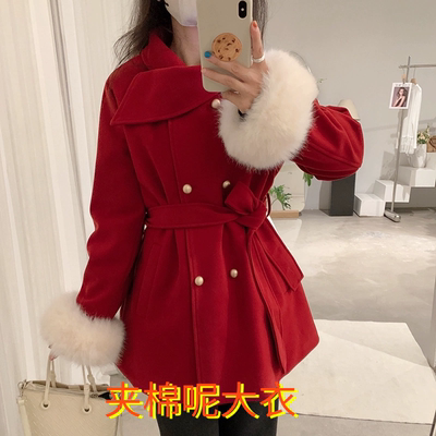 UUMM大红色毛呢外套女韩系冬季新款高级感夹棉保暖小香风呢子大衣