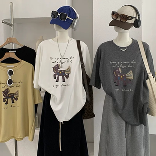 韩系休闲女装 卡通小马儿印花圆领宽松大码 T恤春季 短袖 潮 中长款