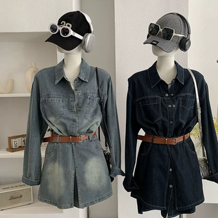 牛仔衬衫 2026春季 宽松中长款 韩版 叠穿屁帘两件套女 新款
